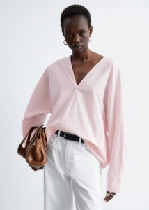 Chemisier ample en coton blanc à col en V pour femme, manches longues, coupe décontractée, vente en gros ODM, haut personnalisé - Product Image 6