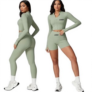 Ensemble 2 pièces de leggings de yoga sans couture à manches longues, froncé, taille haute, col rond, longueur intégrale, couleur unie, en Spandex/Nylon extensible dans les quatre sens à l'avant - Product Image 1