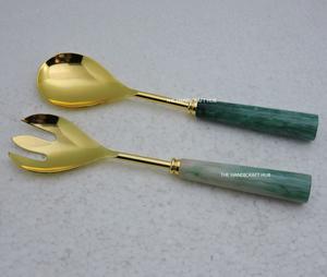 Cuillère à salade en acier inoxydable de haute qualité avec manche en pierre – Ensemble de couverts dorés pour la cuisine - Product Image 4