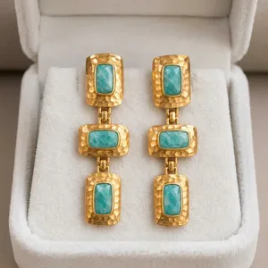 Fashion Jewelry Natural Amazonite <b>Drop</b> Earring Solid Brass 18k Gold Plated Hammered Texture Women Statement Geometric Earrings - Product Image 3