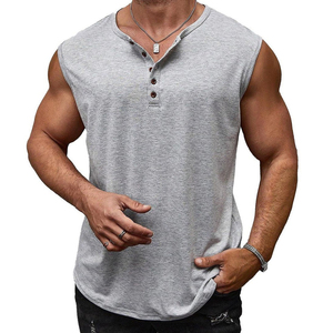 Custom Men's Sleeveless Henley Tank Top Muscle Fit Button <b>Down</b> Shirt Scoop Hem Blank Wholesale Apparel B2B Tank Tops For Men - Product Image 1