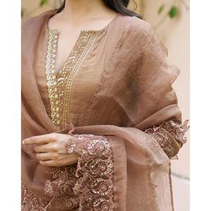ผ้าไหม Chanderi ที่น่าสนใจพร้อมกางเกงเย็บปักลำดับเสื้อทำงานกับ dupatta Chiku