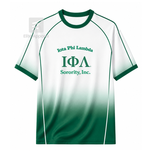 Maillot de football personnalisé Iota Phi Lambda Sorority à manches courtes avec logo sur le devant, dégradé vert et blanc, respirant, pour femmes, modèle Elite - Product Image 1