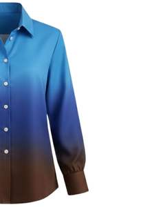 Chemise boutonnée à manches longues pour femme, dégradé bleu ciel vers bleu marine et marron, style décontracté pour le bureau, fabrication sur mesure OEM - Product Image 4