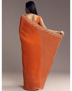 KV Women's <b>Orange</b> Organza Embellished Designer <b>Saree</b> with Unstitched Blouse - Product Image 3