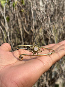 Celestial Sunburst <b>Moonstone</b> Brass Bangle-Handmade Sun Motif Adjustable Cuff-Bohemian Solar Energy Rhodium Plated Bezel Set - Product Image 5