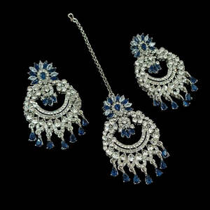 <b>Silver</b> Plated Austrian Stone <b>Dangle</b> <b>Earrings</b> with Maangtikka Elegant Fine Jewelry Design - Product Image 1