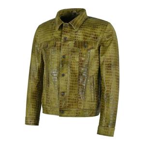 Men's Green Embossed Crocodile PU Leather <b>Jacket</b> Turn-down Collar Button Closure Casual Autumn Wear Regular Sleeve - Product Image 1