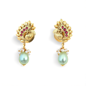 Fine Stud Earrings Peacock Studs with Pastel Green Pearls - Product Image 2