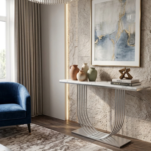 Luxury White <b>Marble</b> <b>Console</b> <b>Table</b> Modern U-Shape Metal Slats Base Narrow Entryway <b>Table</b> for Hotel Lobby Decor - Product Image 5