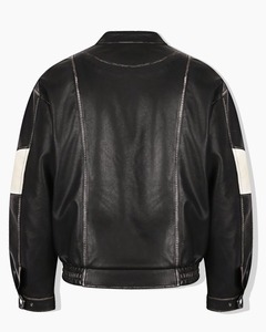 Blouson moto homme noir en cuir PU respirant avec logo frontal, col montant, fermeture éclair, coupe ajustée, manches classiques, style hiver - Product Image 2