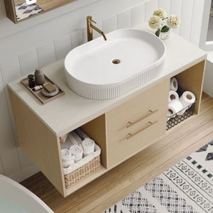 Mobile Bagno Moderno da Parete 99,75 cm con Lavabo Ovale in Ceramica, Mobile Sospeso in Legno Massello Multistrato con Cassetti a Chiusura Ammortizzata - Product Image 4