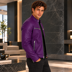 Veste en cuir texturé violet pour homme avec col montant et quatre poches zippées, fournisseur d'usine OEM personnalisé en gros - Product Image 4
