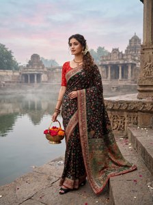 Sari en soie pashmina Rajwada de luxe, teint à la main, collection Royal Grace, motif floral Majesté, Meenakari, collection Héritage, pour mariage et fête, pour femme - Product Image 1