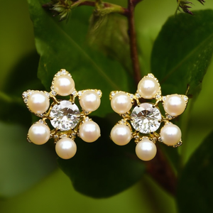 Vintage 18K Gold Plated Floral Stud Earrings with Zircon and Pearl - Product Image 2