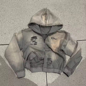 Sweat à capuche zippé délavé à l'acide 500gsm pour hommes Streetwear surdimensionné logo brodé sweats à capuche en éponge française poids lourd - Product Image 1