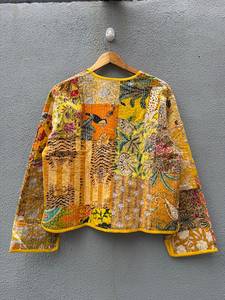 Yellow <b>Patchwork</b> Cotton Jacket V-Neck Button Front Bohemian Style Casual Outerwear for Women Full Sleeve Reversible Design gift - Product Image 6