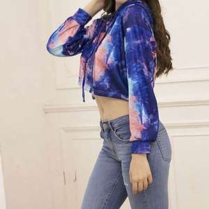 Sweat-shirt à capuche court tie-dye pour femme, décontracté, à manches longues, avec cordon de serrage - Product Image 2