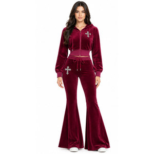 Ensemble de survêtement en velours bordeaux pour femme, avec capuche, fermeture éclair, manches longues, pantalon évasé, logo croix en strass, tenue décontractée - Product Image 2