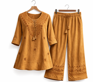 Conjunto de 2 Piezas para Mujer, Estilo Casual de Verano, Mini Kurta de Rayón Sólido, 140 GSM, Ligero, Bordado, Top y Pantalones - Product Image 1