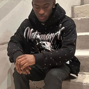 Sweat-shirt à capuche pour homme, surdimensionné, noir, imprimé strass, streetwear, coton tricoté, mode automne, impression personnalisée en relief - Product Image 5