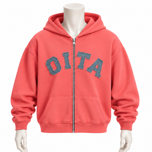 Coral Mens <b>Zip</b> Up <b>Hoodie</b> Heavyweight Cotton Fleece Chenille Letter Applique Oversized Streetwear Sweatshirt with Front <b>Pockets</b> - Product Image 1