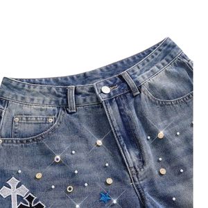 Shorts de Mezclilla Personalizados Estilo Y2K con Pedrería Cruzada para Mujer, Vintage, Patchwork, Holgados, Estilo Harajuku Gótico, Streetwear, Pierna Ancha, Bermudas - Product Image 6