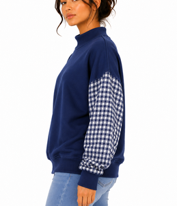 Wholesale Custom Women's Gingham Letter Applique <b>Mock</b> <b>Neck</b> Sweatshirt Patchwork Sleeve Loose Drop Shoulder <b>Top</b> - Product Image 2