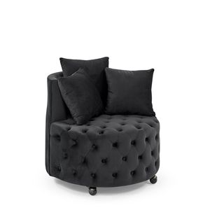 Poltrona Girevole in Velluto con Design Trapuntato a Bottoni e Ruote Mobili, Set per Soggiorno con 3 Cuscini Neri - Product Image 6