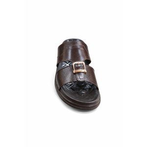 Brown Genuine Leather Men's Slides Open Toe Buckle Strap Slip Resistant Rubber Midsole Suede Lining Summer Outdoor <b>Slippers</b> - Product Image 2