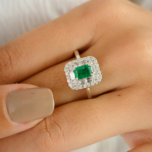 สินค้าขายดี แหวนคลัสเตอร์คู่มรกตและเพชรแท้ 100% ทองคำขาว 14K สำหรับงานหมั้นและงานแต่งงาน - Product Image 2
