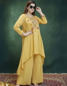 KV <b>Women's</b> Pack of 2 Embroidered Embellished Viscose Rayon High Low <b>Kurta</b> <b>for</b> <b>Women</b> (Yellow) - Product Image 1
