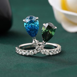 Fancy Vivid Blue Green Pear Cut Lab Grown Diamond <b>Ring</b> with Prong Setting 14K Gold Rare Color Statement - Product Image 1