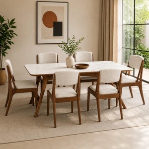 Ensemble de salle à manger moderne du milieu du siècle, 6 pièces, table en bois avec chaises à dossier solide, plateau en pierre, meubles pour la maison - Product Image 1