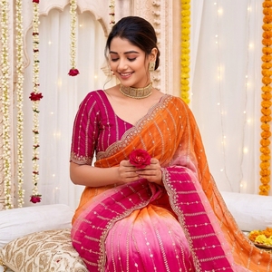 Sari indien traditionnel en soie, orange et rose, brodé, protection solaire, coupe ample, pour mariage, longueur ras du sol, ethnique, pour femme - Product Image 4