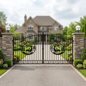Decorative Black Wrought Iron Double <b>Swing</b> Driveway Gate with Circular Motifs for Villa Home Garden Entrance Security - Product Image 3