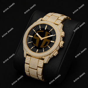 Gold Tone Crystal Stone <b>Black</b> Dial Round Face Fashion <b>Watch</b> With Geometric Center Design Sparkling Luxury Statement Timepiece - Product Image 3