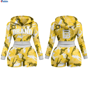 Conjunto Deportivo Corto de Verano para Mujer, Estilo Hip Hop, Color Rosa Camuflaje, 2 Piezas, Sudadera con Capucha y Pantalones Cortos, Manga Larga con Cierre, Ropa Deportiva Informal y Transpirable - Product Image 3