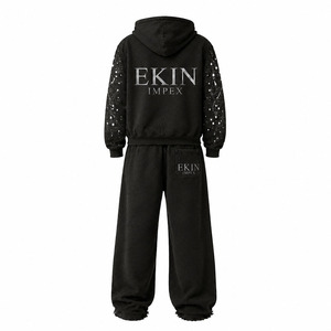 Conjunto de Sudadera con Capucha con Cremallera Y2K y Pantalones de Chándal de Pierna Ancha con Dobladillo sin Rematar, 100% Algodón, de Secado Rápido, con Lavado Ácido, Estampado de Estrella de Diamantes de Imitación y Logotipo Personalizado, Unisex - Product Image 4