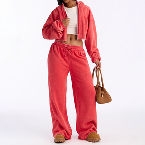 Wholesale Casual Solid Zipper <b>Red</b> Vintage Sports Wear T-shirt Short Set for Women Acid Washed Long Sleeve Top and Sweatpants Set - Product Image 1