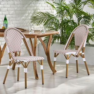 Set di 2 Sedie da Bistrot Francesi per Esterni in Rattan PE e Alluminio, Rosso Ruggine e Bianco con Finitura Effetto Bambù - Product Image 1