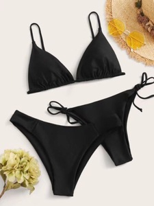 Ensemble de bikini triangle dos nu pour femme avec string et liens latéraux, deux couleurs unies, extensible, séchage rapide, en Spandex/Polyester, pour la plage et les vacances - Product Image 2