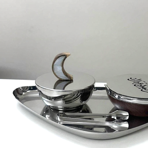 Elegant <b>Silver</b> Metal & Wood Incense <b>Burner</b> Set Featuring A Ramadan Mubarak Lidded Bowl, Crescent Handle, And Sleek Tray For Home - Product Image 5