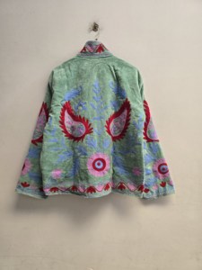 Mint Green Velvet Suzani Jacket <b>for</b> <b>Women</b> Handmade Floral Paisley Embroidery Boho Ethnic Winter <b>Coat</b> Wholesale Designer - Product Image 2