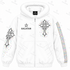 <b>Women's</b> <b>White</b> Hooded <b>Sweatshirt</b> With Cross Print Sequined Sleeves Casual Winter Jacket - Product Image 2