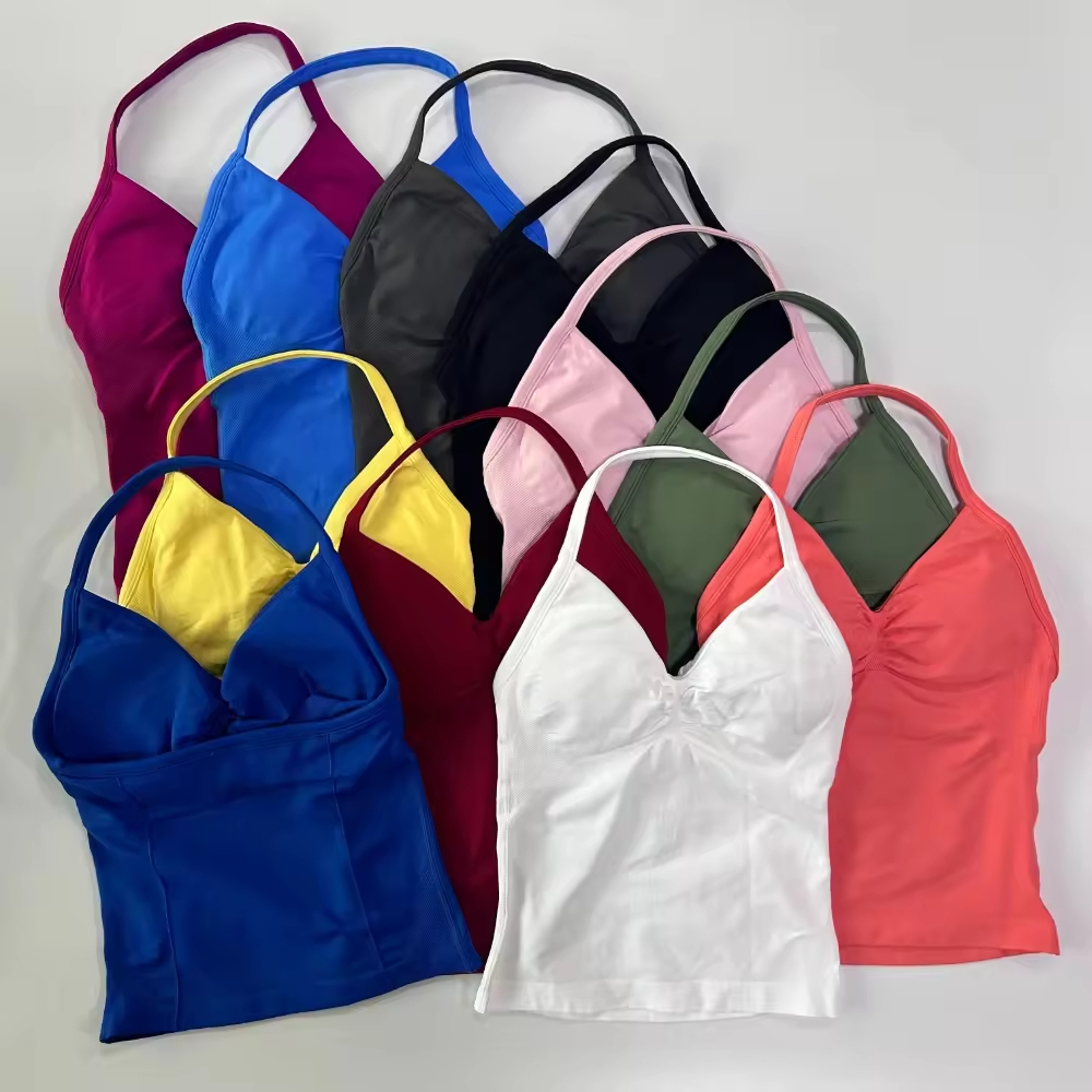 Seamless Racerback Yoga Top Deep V Neck Solid Color Quick Dry Sport Wear for Women Sleeveless Spandex Polyester