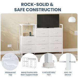 Commode moderne à 8 tiroirs avec prises électriques et étagères ouvertes pour chambre et salon, blanche - Product Image 5