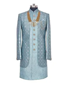 Robe SHERWANI en BROCADE avec pantalon blanc pour tenue de soirée/robe de mariée @ INDO-WESTERN, dernière collection 2023 - Product Image 1