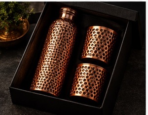 Luxury Copper Water Bottle and <b>2</b> <b>Cups</b> Set with Wavy Pattern Portable <b>Flask</b> Gift Box for Business Gifts - Product Image 2