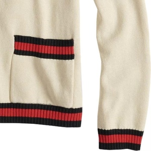 Women's <b>Cream</b> V-Neck Cardigan With Red <b>Black</b> Trim Full Sleeve Preppy Style Autumn Wear 100% Acrylic Knitted Sweater - Product Image 2